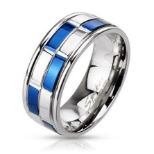 Prsten z oceli - obroučka, modro-stříbrné obdélníky