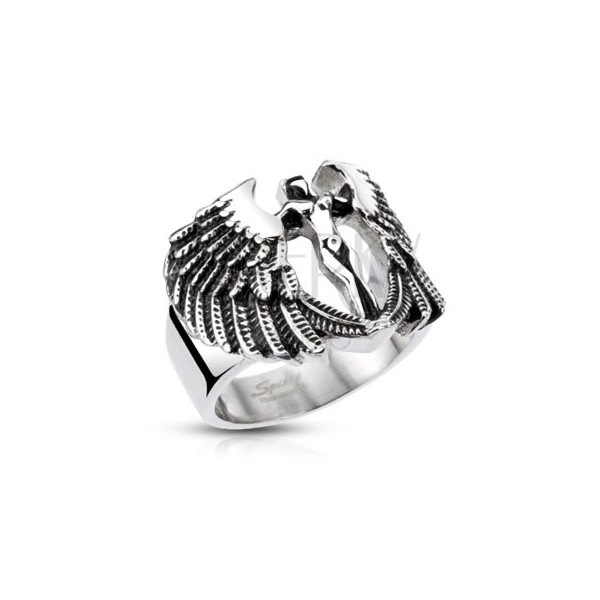 Mohutný ocelový prsten - postava anděla s křídly, patinovaný
