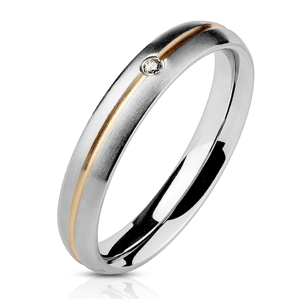 Ocelový prsten - stříbrný, zlatá středová rýha a zirkon - Velikost: 59