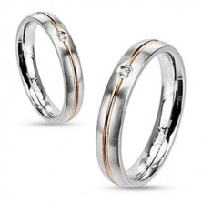Ocelový prsten - stříbrný, zlatá středová rýha a zirkon