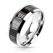 Prsten z oceli - stříbrný s černým pruhem a římskými číslicemi