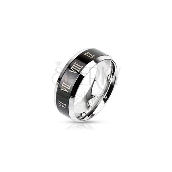 Prsten z oceli - stříbrný s černým pruhem a římskými číslicemi