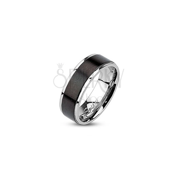 Ocelový prsten - obroučka s černým matným pásem, 6 mm 