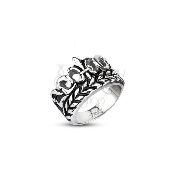 Mohutnější prsten z oceli - Fleur de Lis s listy, patinovaný