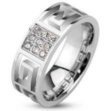 Prsten z oceli - výřezy řeckého symbolu a zirkonový čtverec