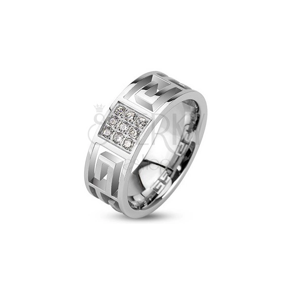 Prsten z oceli - výřezy řeckého symbolu a zirkonový čtverec