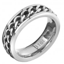 Prsten z oceli - řetízkový středový pás, stříbrná barva
