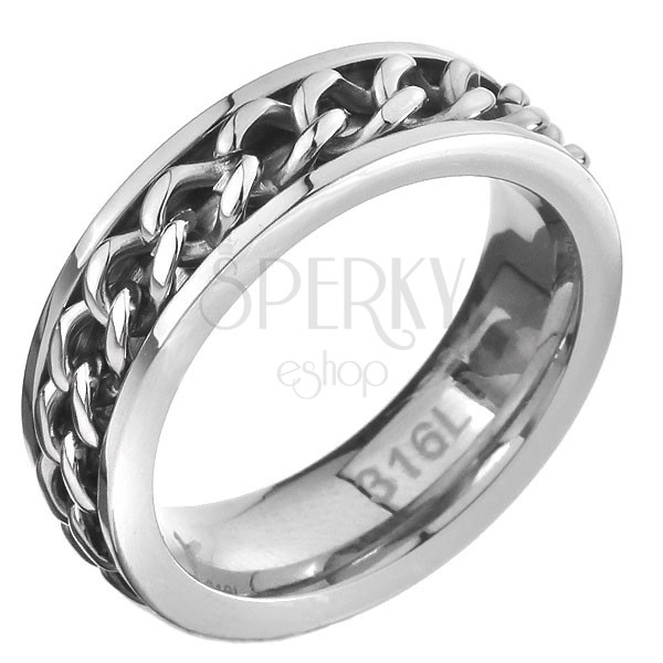 Prsten z oceli - řetízkový středový pás, stříbrná barva