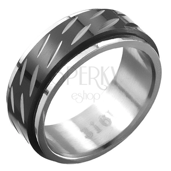 Ocelový prsten - černý otáčivý střed, dvě řady zrníček