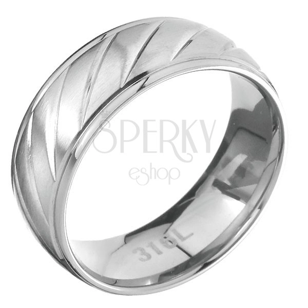 Prsten z oceli s lesklým lemem a matným vroubkovaným středem