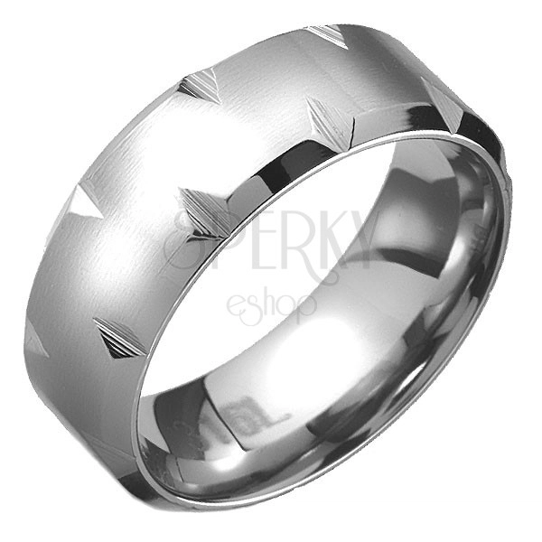 Ocelový prsten - zkosené okraje s diamantovými zářezy, matný pás