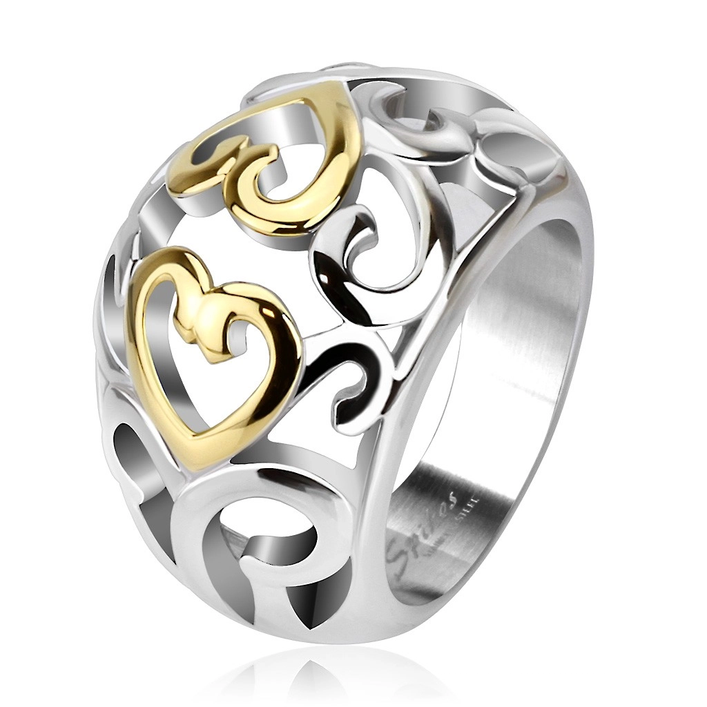 Ocelový prsten s vyřezávaným ornamentem, zlato-stříbrný - Velikost: 62