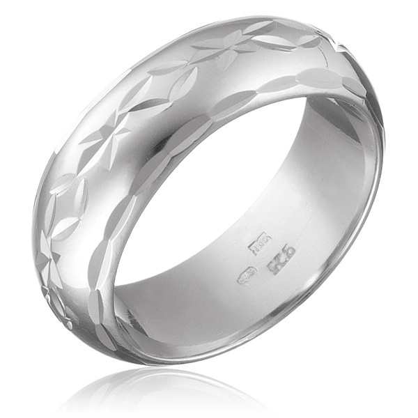 Stříbrný prsten 925 - gravírovaný pás květů s lístky, oblý povrch - Velikost: 64