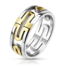 Ocelový prsten - vyřezávaný, zlaté ovály, stříbrný okraj