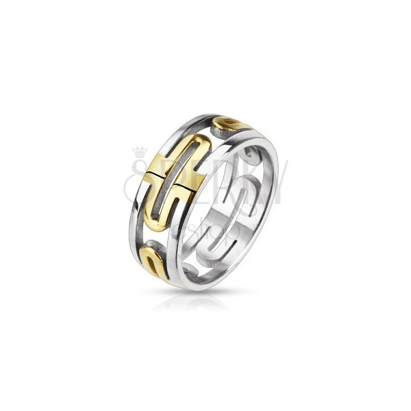 Ocelový prsten - vyřezávaný, zlaté ovály, stříbrný okraj