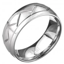 Ocelový prsten - dvě linie a cik-cak vzor, stříbrný povrch