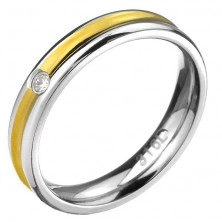 Prsten z oceli - kroužek s prohlubní zlaté barvy uprostřed, čirý kámen