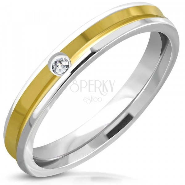 Prsten z oceli - kroužek s prohlubní zlaté barvy uprostřed, čirý kámen