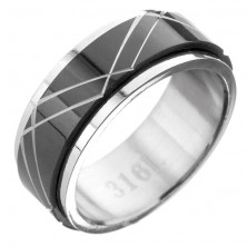 Ocelový prsten - černo-stříbrný, pohyblivý pás s dvojitým vzorem