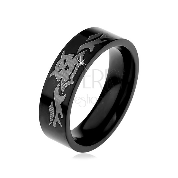 Prsten z oceli - černá obroučka s béžovým motivem netopýra
