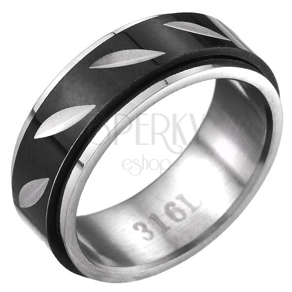 Ocelový prsten - černo-stříbrný s pohyblivým pásem, lístečky