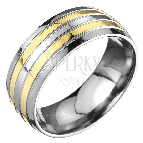 Titanový prsten - stříbrný s gravírováním a dvěma zlatými pásy