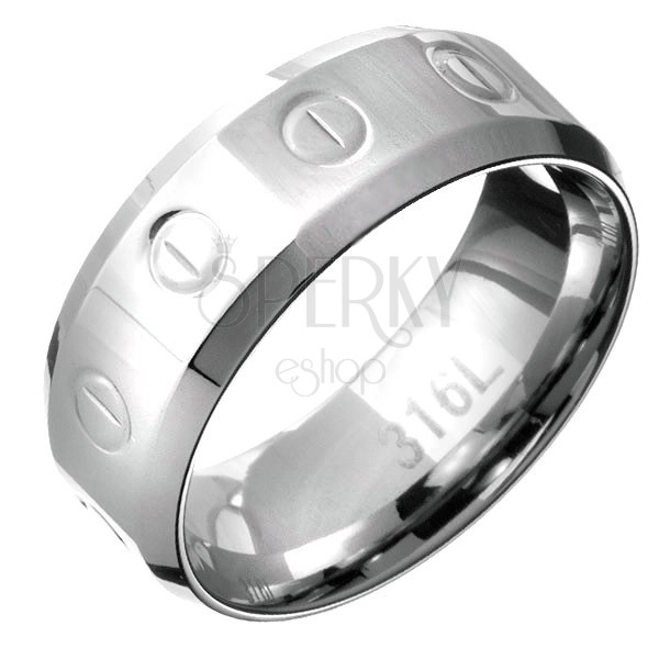 Prsten z oceli - obroučka se vzorem kruhů a čárek, zkosené okraje