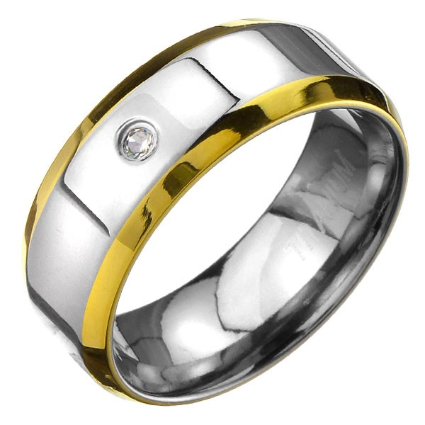 Prsten z titanu - stříbrný prsten se zlatými okraji a zirkonem - Velikost: 60