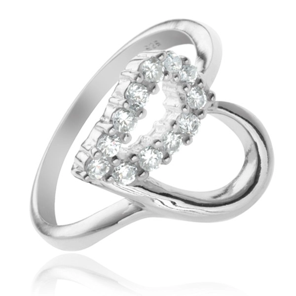 Stříbrný prsten 925 - kontura srdce, čirá zirkonová polovina - Velikost: 52