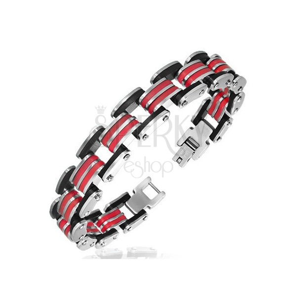 Ocelový náramek - černo-stříbrný s červenými gumovými pásky
