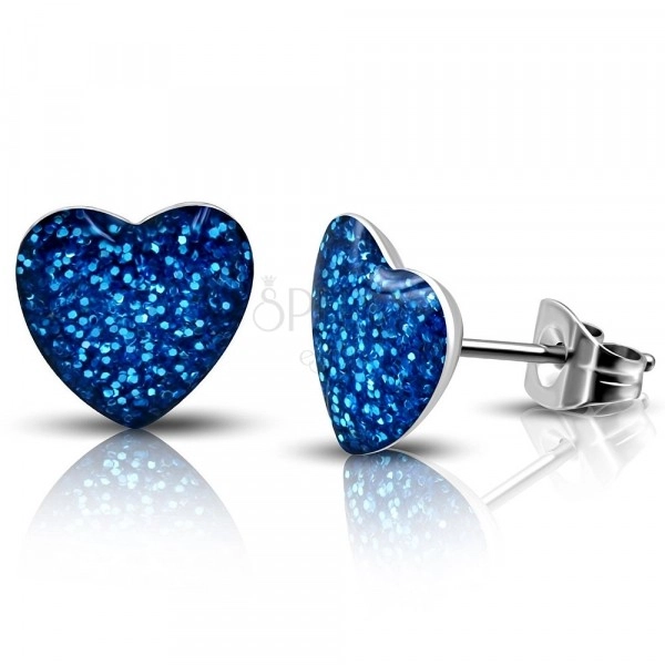 Ocelové náušnice - modré třpytivé srdce, puzetky