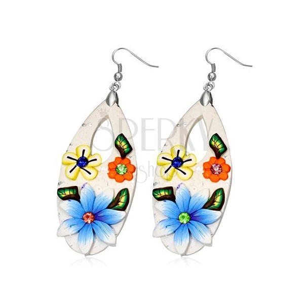 Fimo náušnice - bílá slza s barevnými květy a zirkony