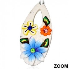 Fimo náušnice - bílá slza s barevnými květy a zirkony