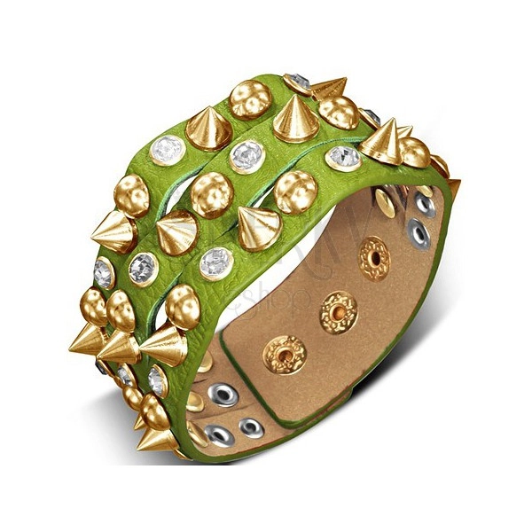 Náramek vyrobený z kůže - zelený s hrotem, polokoulí a kamenem