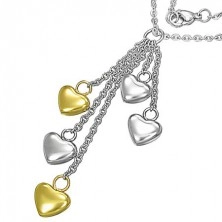 Ocelový náhrdelník - stříbrné a zlaté srdce na řetízcích
