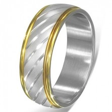 Dvoubarevný ocelový prsten - šikmé stříbrné zářezy a zlatý lem