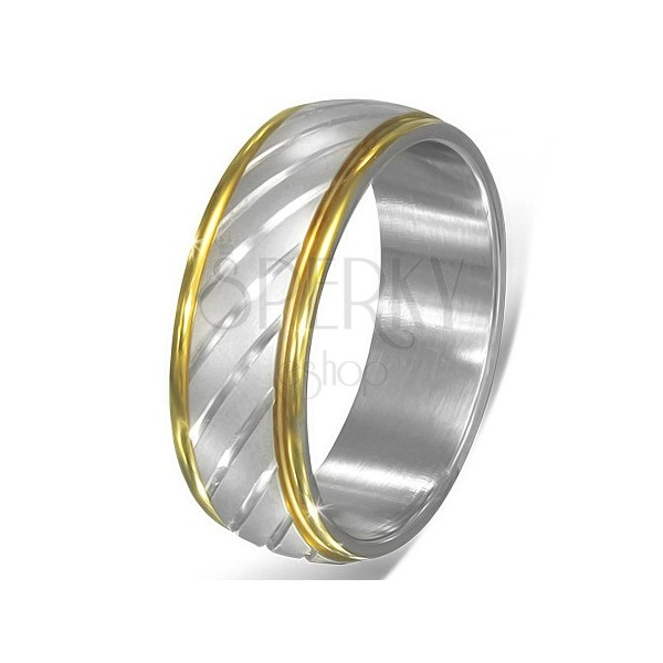 Dvoubarevný ocelový prsten - šikmé stříbrné zářezy a zlatý lem