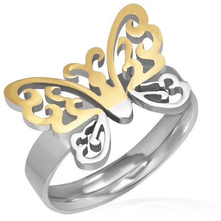 Ocelový prsten - vyřezávaný zlato-stříbrný motýl - Velikost: 54