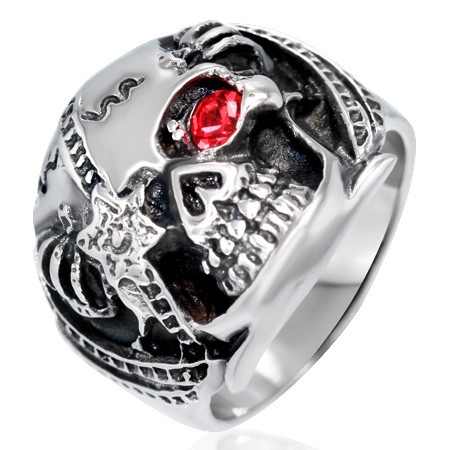 Mohutný prsten z oceli - lebka bojovníka s červeným zirkonem, patina - Velikost: 62