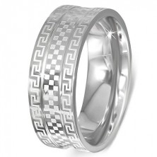 Ocelový prsten - obroučka s řeckým klíčem a šachovnicí