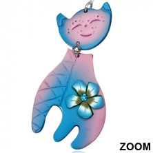 FIMO visací náušnice - modrorůžová kočka s květem a zirkonem