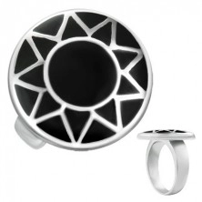 Ocelový prsten se stříbrným obrysem slunce v černém kruhu