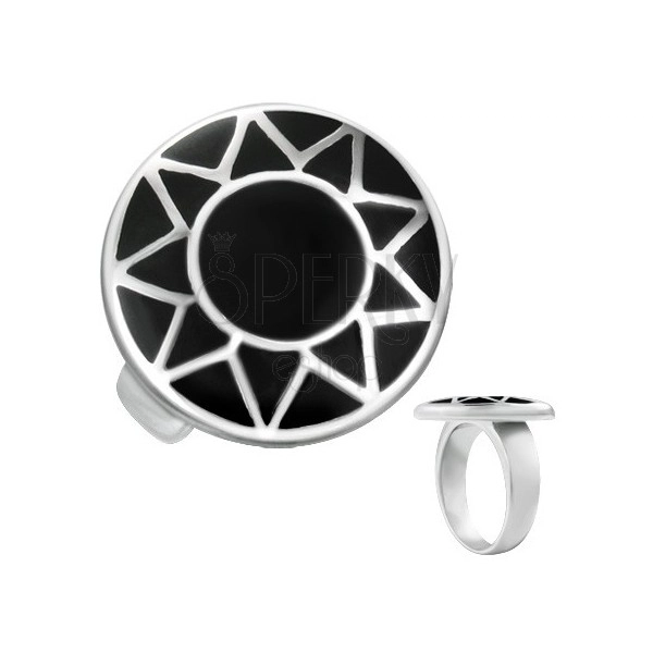 Ocelový prsten se stříbrným obrysem slunce v černém kruhu