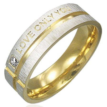 Prsten z chirurgické oceli - stříbrný se zlatými pásy, vyznání lásky - Velikost: 59
