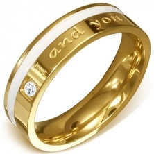 Ocelový prsten ve zlaté barvě - čirý kámen, bílý pás a nápis "I and you"