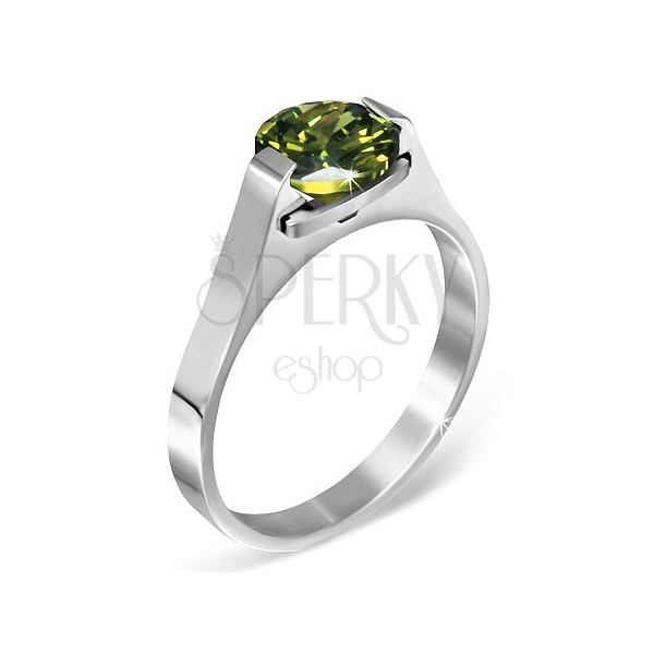 Ocelový prsten - zelený měsíční kámen "Květen", postranní úchyty