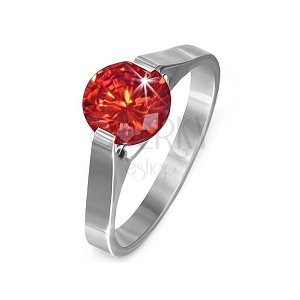 Prsten z oceli - rubínově červený kámen "Červenec", postranní úchyty