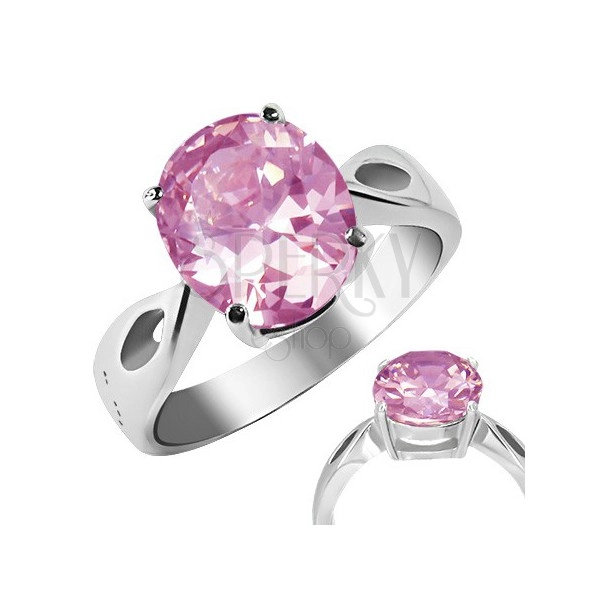 Prsten z oceli - růžový kámen "Říjen", slzičkové výřezy