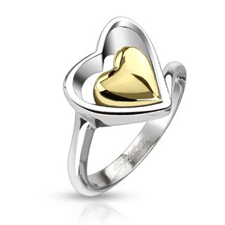 Prsten z chirurgické oceli - kontura srdce a zlaté srdce uprostřed - Velikost: 49