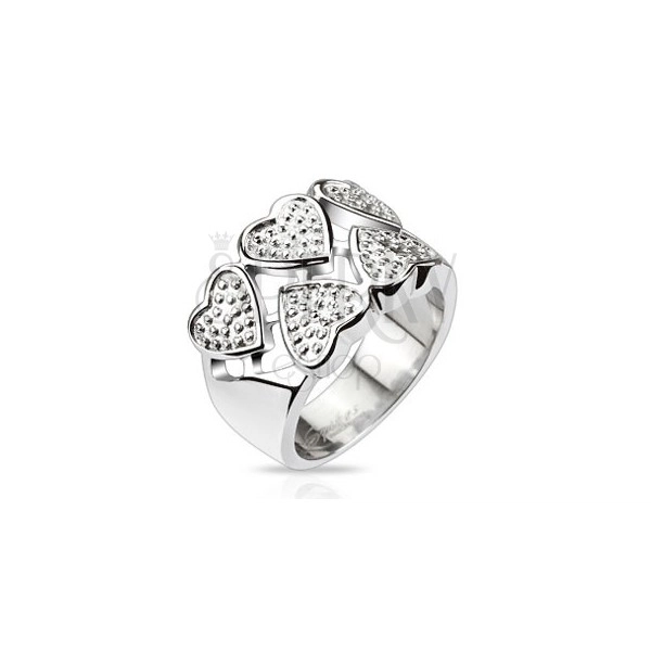 Prsten z chirurgické oceli - střídavá stříbrná srdce s tečkami